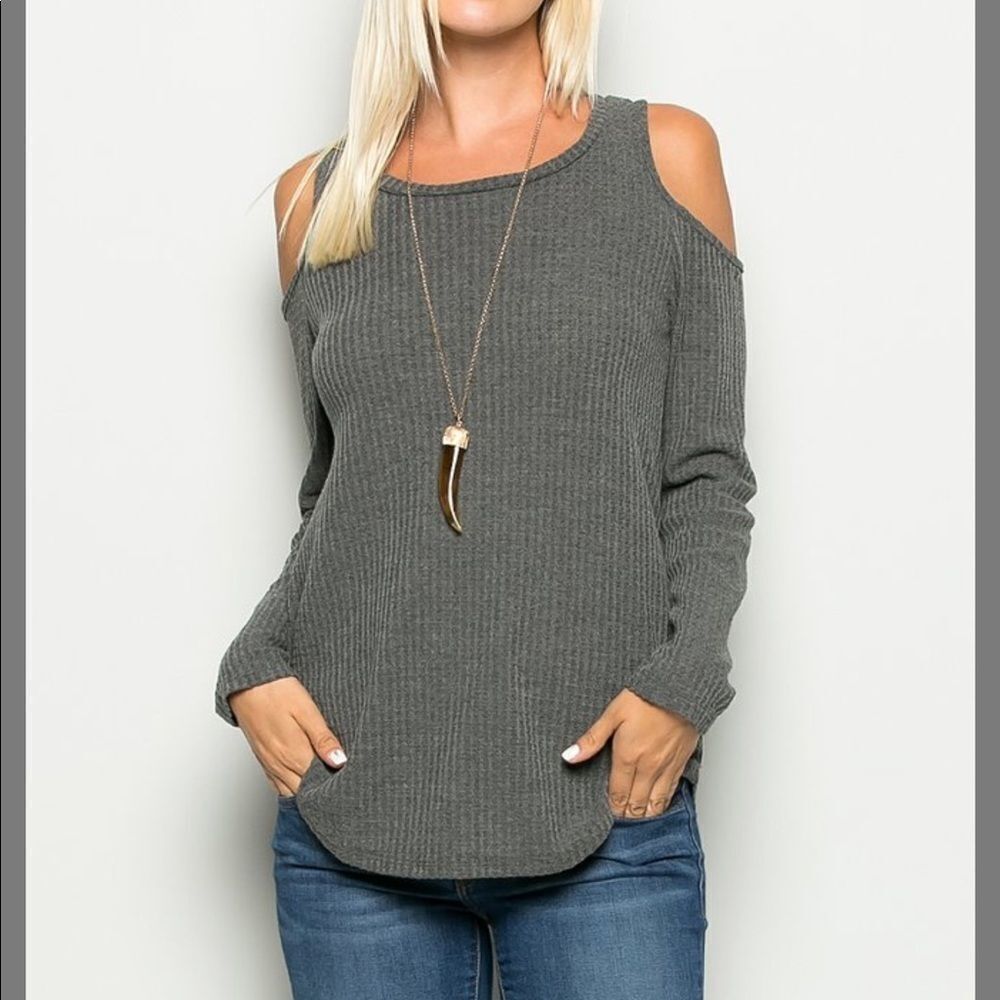 Cold Shoulder Gray Waffle Knit Top